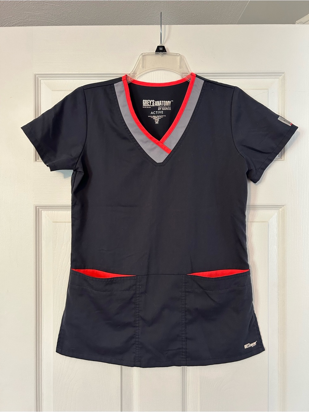 Grey's Anatomy V‑Neck Scrub Top - Charcoal Gray with Coral